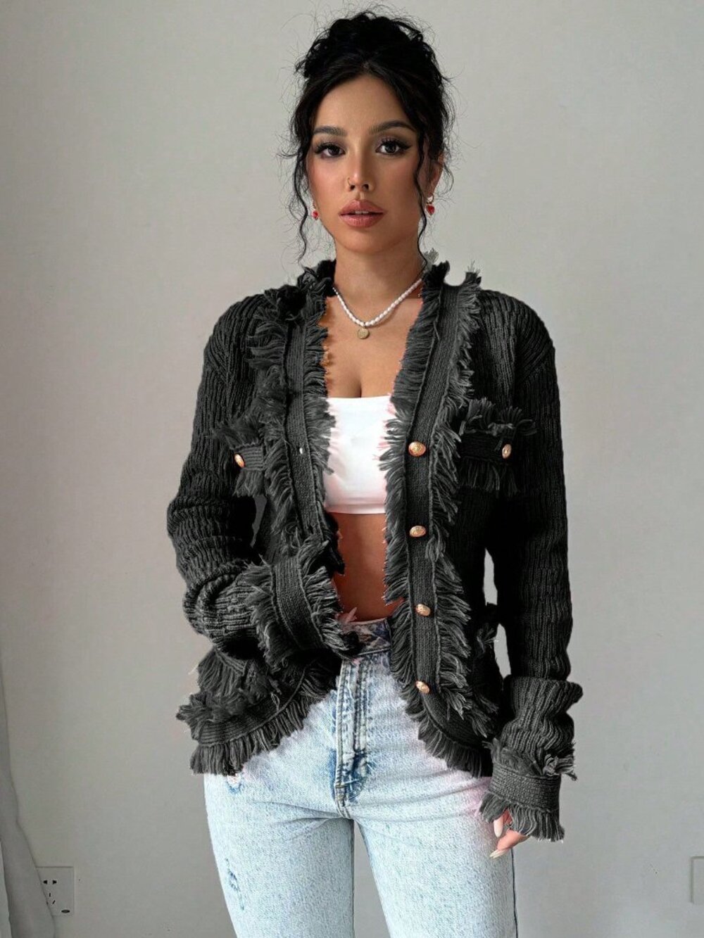 Black Casual Women's Patchwork Fringe Long Sleeve Single-Breasted Cardigan - Picture 3 of 6
